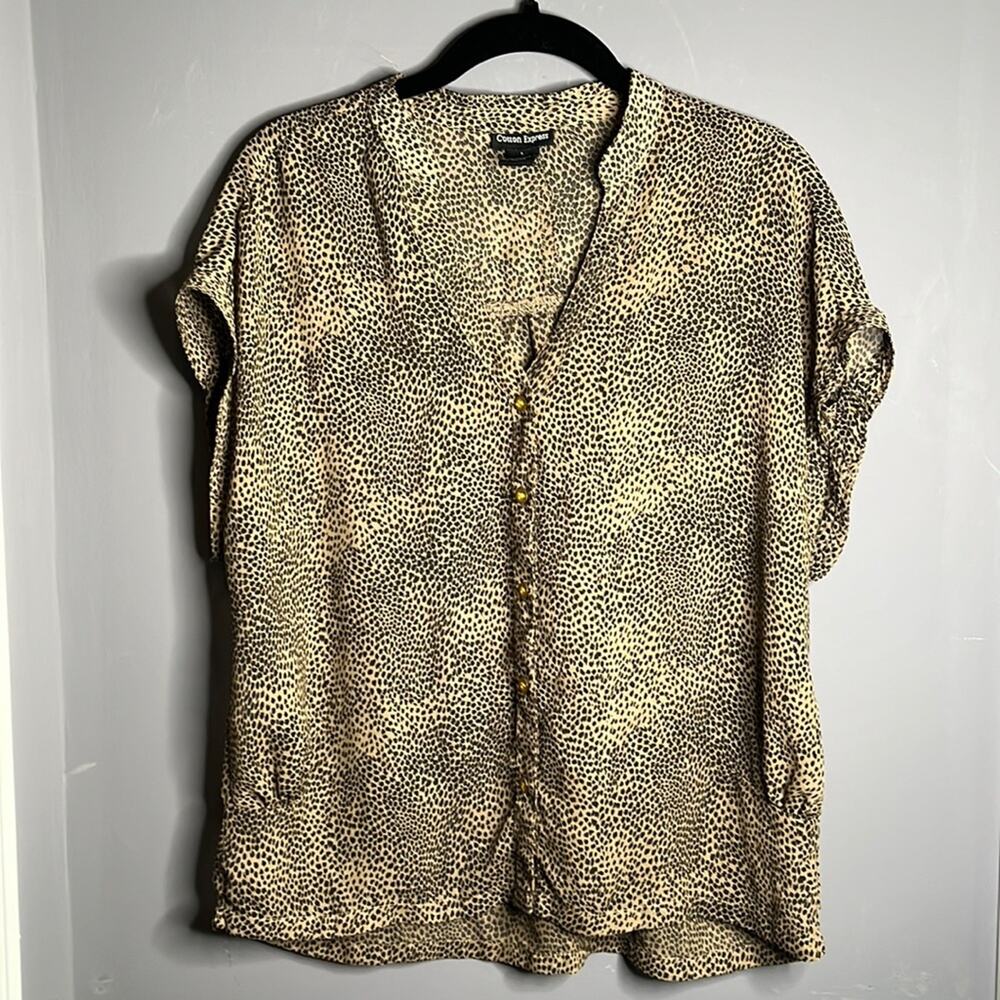 Cotton Express Brown Black Leopard Short Sleeve Blouse Large